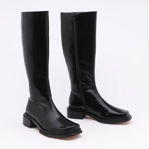 Square Toe Knee-High Boots (Black) - Lattelier